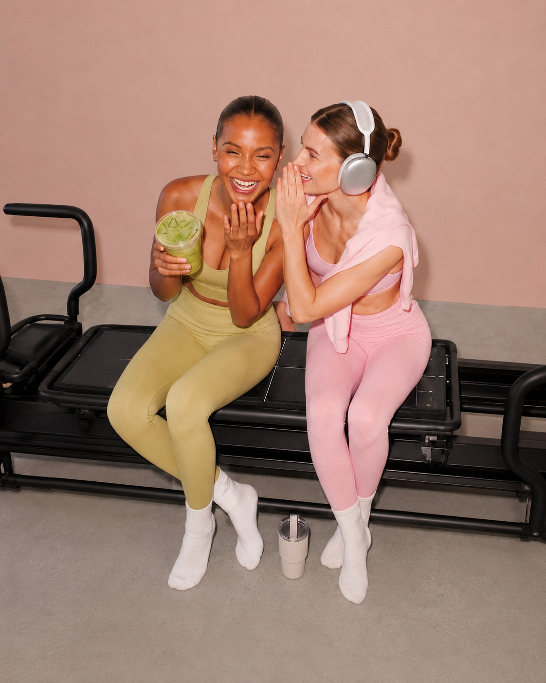 Two women laughing together on a Megaformer after class